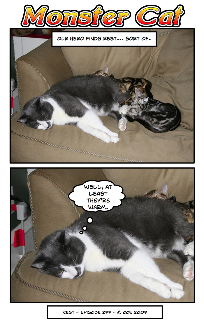 Mini-cats are apparently partial to Monster Cat's bottom. Poor Monster Cat.