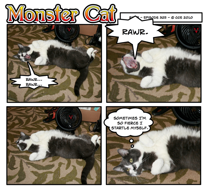 Yes, Monster Cat, you're very fierce... lying on your back, with your toes curled so cutely, yawning... or was I not supposed to divulge your secret?